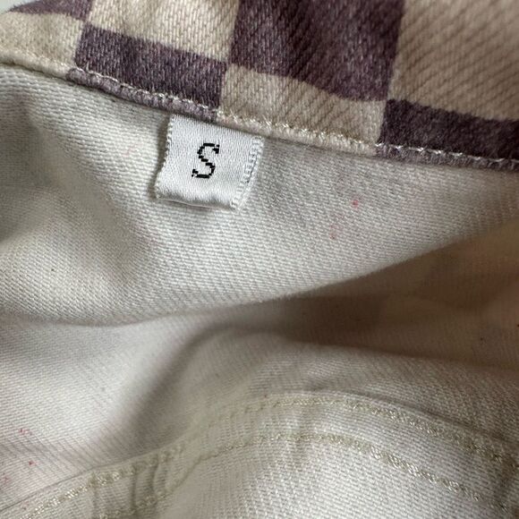 EUC Women’s Checkered Purple Cream Button Up Crop Denim Jacket- Size Small - Picture 3 of 8
